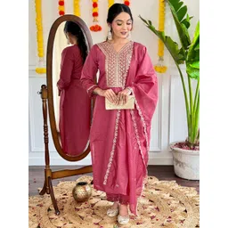TURITY Women Ethnic Motifs Embroidered Regular Thread Work Chanderi Silk Kurta with Trousers & With Dupatta-picture-38