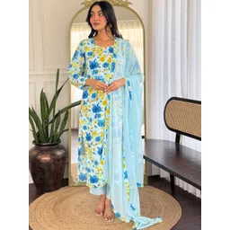 TURITY Women Floral Printed Regular Chanderi Silk Kurta with Trousers & With Dupatta-picture-12