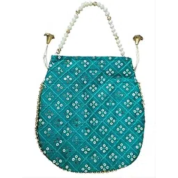 Turquoise Sequined Evening Potli/Handbag with Beaded Handle, Quilted Pattern set of 2-picture-33