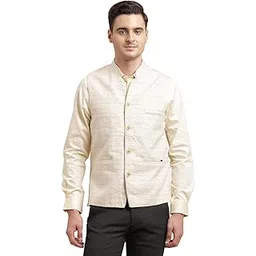 Men Pure Linen Beige Self Design Nehru Jacket-image-32