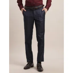 Turtle Blue Rayon Slim Fit Chequered Trousers-picture-14