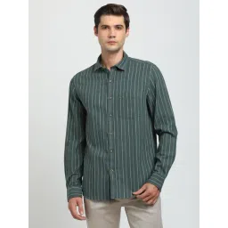 Turtle Dark Green Cotton Slim Fit Striped Shirt-picture-17