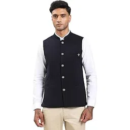 turtle Men Knitted Self Design Slim Fit Blue Nehru Jacket||Waistcoat-picture-35