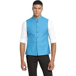 turtle Men Poly Cotton Turquoise Blue Solid Formal Nehru Jacket-picture-32