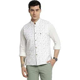 turtle Men Poly Cotton White & Beige Printed Reversible Party Nehru Jacket-picture-12
