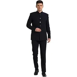 turtle Men Poly Viscose Mandarin Collar Tailored Fit Navy Three Piece Party Suits-picture-12