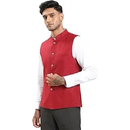 turtle Men Polycotton Solid Slim Fit Red Nehru Jacket||Waistcoat-picture-16