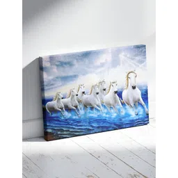 Tushaco Handicrafts Blue & White Seven Horse Canvas Wall Art image 3