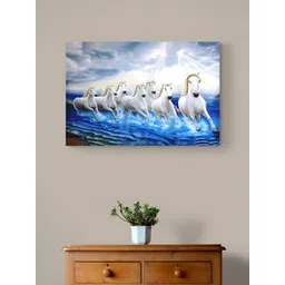 Tushaco Handicrafts Blue & White Seven Horse Printed Canvas Wall Art-picture-12