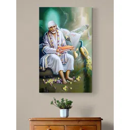 Tushaco Handicrafts White & Green Sai Baba Religious Canvas Wall Art-image-3