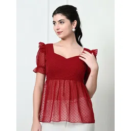Tushita Women Cherry Red Self Design Top-picture-34
