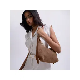 Twenty Dresses by Nykaa Fashion Tan Faux Suede Chain Detail Women's Shoulder Bag-picture-17