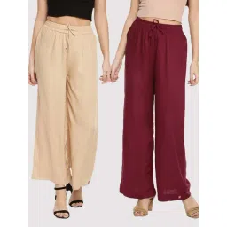 TWIN BIRDS Beige & Maroon Mid Rise Palazzos - Pack Of 2-picture-43