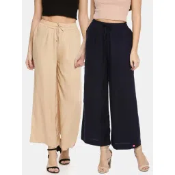 TWIN BIRDS Beige & Navy Mid Rise Palazzos - Pack Of 2-picture-47