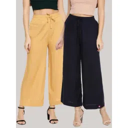 TWIN BIRDS Beige & Navy Mid Rise Palazzos - Pack Of 2-picture-46