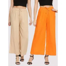 TWIN BIRDS Beige & Orange Mid Rise Palazzos - Pack Of 2-picture-17