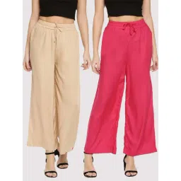 TWIN BIRDS Beige & Pink Mid Rise Palazzos - Pack Of 2-picture-21