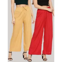 TWIN BIRDS Beige & Red Mid Rise Palazzos - Pack Of 2-picture-31