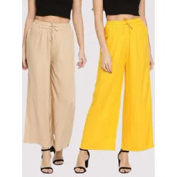 TWIN BIRDS Beige & Yellow Mid Rise Palazzos - Pack Of 2-picture-42