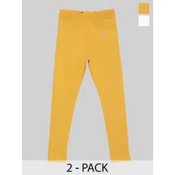 TWIN BIRDS Girls Pack Of 2 White & Yellow Pure Cotton Tailored-Fit Ankle-Length Leggings-picture-45
