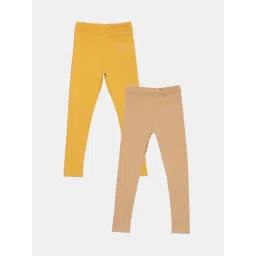 TWIN BIRDS Kids Yellow & Beige Cotton Regular Fit Leggings (Pack of 2)-picture-38