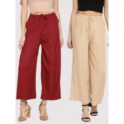 TWIN BIRDS Maroon & Beige Mid Rise Palazzos - Pack Of 2-picture-15