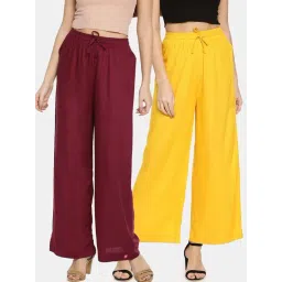 TWIN BIRDS Maroon & Yellow Mid Rise Palazzos - Pack Of 2-picture-26