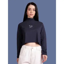 TWIN BIRDS Navy Solid Full Sleeves Crop T-Shirt-image-4