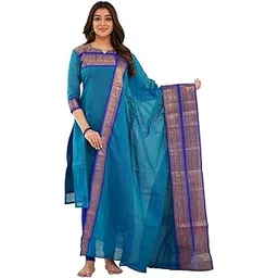 twinlight Women's Kanchi Cotton Elephant Jaquard Work Kurta and Dupatta Set | V Neck 3/4 Sleeves Straight Calf Length Kurti with Jaquard Border Work Dupatta | Kurti Set for Women-picture-51