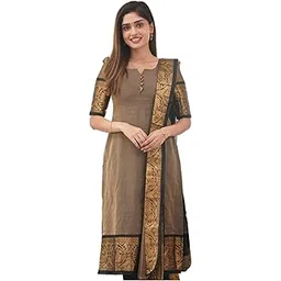 twinlight Women's Kanchi Cotton Peacock Jaquard Work Kurta and Dupatta Set with V Neck Half Sleeves Straight Calf Length Kurti and Peacock Design Dupatta-picture-11