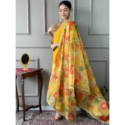 TWINS LADY Women Floral Yoke Design Chanderi Cotton Kurta with Trousers & With Dupatta image 5