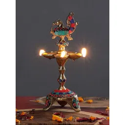 Two Moustaches Beige Gemstone Work Peacock Over Ethnic Carved Legs 5 Oil Wick Brass Diyas-picture-10