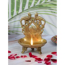 Two Moustaches Brown Brass Twin Peacock Over Carving Table Diya-picture-13