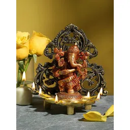 Two Moustaches Brown Dancing Ganesha Carving Brass Diya Stand-picture-21
