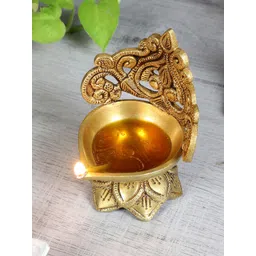 Two Moustaches Gold-Toned Floral Carving Design Brass Diya-picture-16