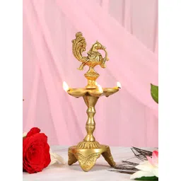 Two Moustaches Peacock Over Ethnic Carved Legs Five Oil Wick Brass Diya image 1