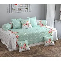 TYLORSTYLE® Soft Glace Cotton Designer Printed Diwan Set, 1 Single Bedsheet, 2 Bolster Covers, 5 Cushion Covers (Green Center, Standard) - 8 Piece-image-19