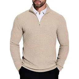 tysort Men High Neck Zipper Full Sleeve Waffle Knitted Winter Sweater,Waffle Knit Sweater for Men, Black-picture-15