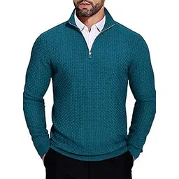 tysort Men High Neck Zipper Full Sleeve Waffle Knitted Winter Sweater,Waffle Knit Sweater for Men, Black-picture-10