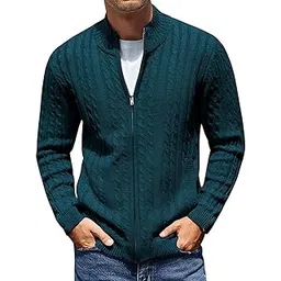 tysort Men's Cotton Full Sleeve High Neck Full Zipper Sweater for Men, Cable Knitted Cardigan for Men-picture-20