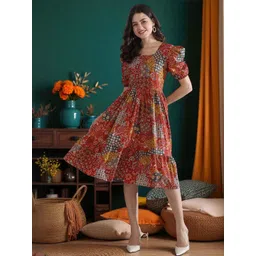 Tzelynn Floral Print Puff Sleeve Fit & Flare Dress-picture-24