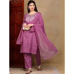 Tzelynn Women Ethnic Motifs Embroidered Regular Thread Work Kurta with Trousers & With Dupatta-picture-26