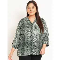 U&F Beyond Plus Size Abstract Printed Mandarin Collar Roll-Up Sleeves Shirt Style Top-picture-10