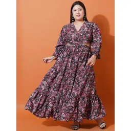 U&F Beyond Plus Size Floral Printed V-Neck Bell Sleeve Cut Out Maxi Dress-picture-36