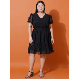 U&F Beyond Plus Size Self Design Puffed Sleeves Tiered Georgette Fit & Flare Dress-picture-17