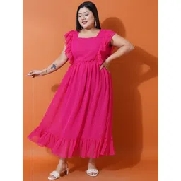 U&F Beyond Plus Size Self Design Square Neck Flutter Sleeve Ruffled Georgette Maxi Dress-picture-34