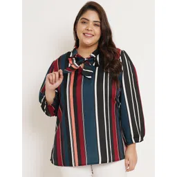 U&F Beyond Plus Size Vertical Striped Tie-Up Neck A-Line Top-picture-36