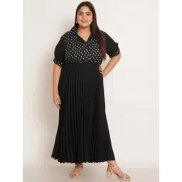 U&F Beyond Polka Dot Printed Cuban Collar Puff Sleeves Plus Size Maxi Dress-picture-18