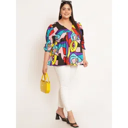 U&F Beyond Women Plus Size Abstract Printed Puff Sleeve Crepe Empire Top-picture-18