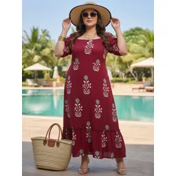 U&F Beyond Women Plus Size Floral Print Puff Sleeve Ruffled A-Line Midi Dress-picture-38